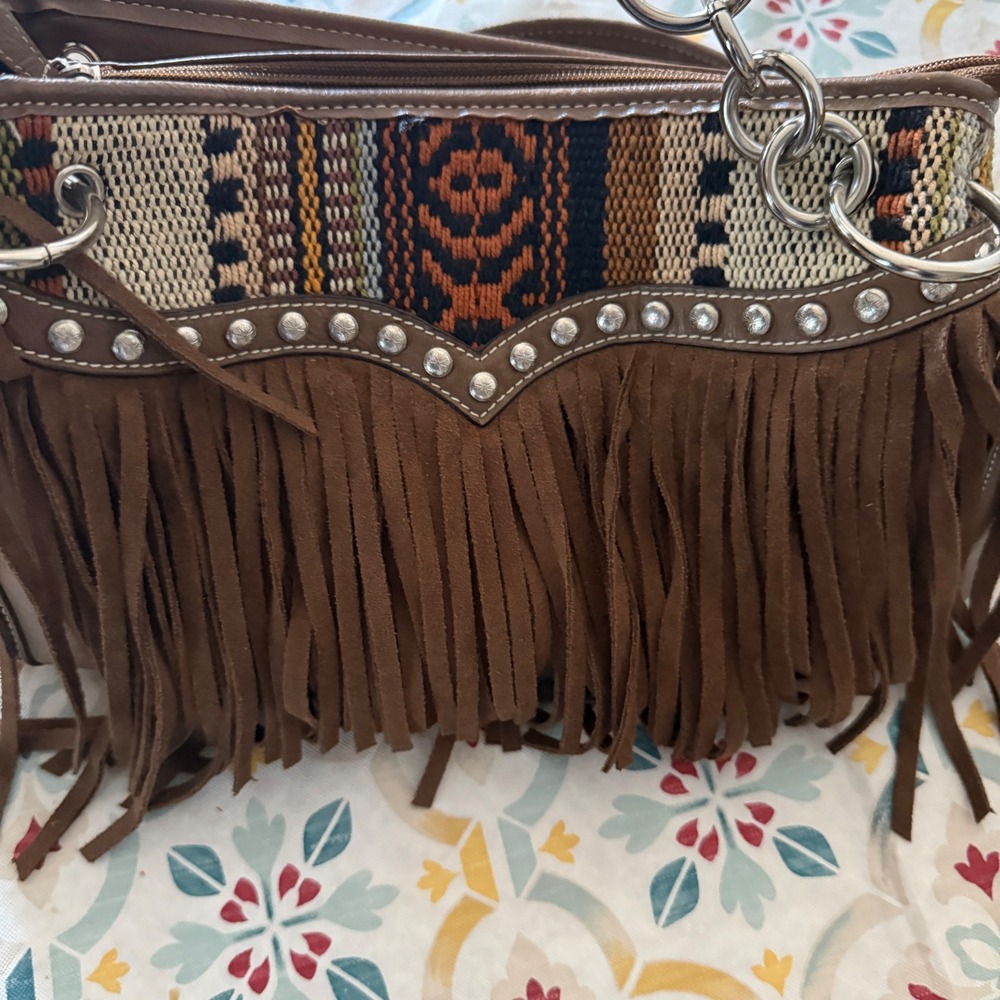 Blazin Roxx Brown Faux Leather Fringe Western Shoulder Bag Studded Southwestern